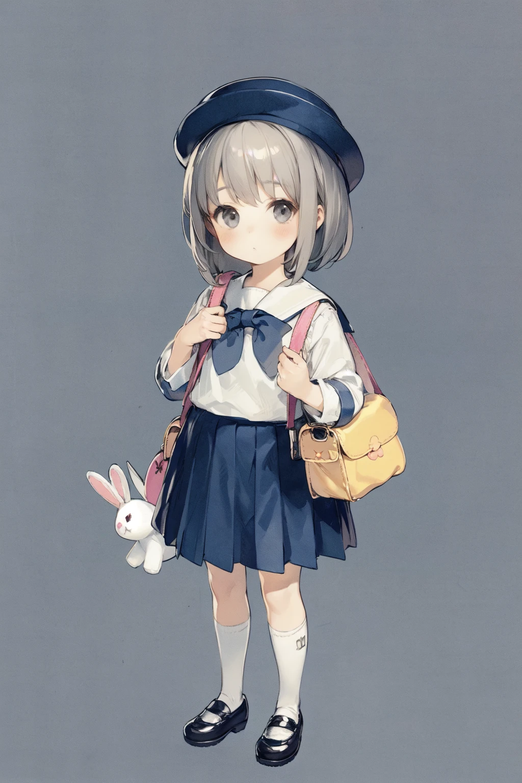 childchihiro, 1girl, solo, stuffed toy, stuffed animal, hat, bag, skirt, stuffed bunny, socks, shoes, mary janes, grey hair, kindergarten uniform, kneehighs, white socks, child, grey eyes, full body, looking at viewer, shoulder bag, rabbit, school hat