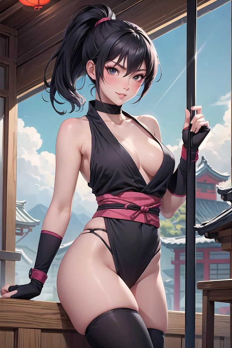(masterpiece:1.2, best quality), 1girl, ponytail, parted lips, blush, makeup, smirk, (ninja:1.3, kunoichi:1.3), ninja mask, light rays, glow, thighs, collarbone, narrow waist, (masterpiece), wallpaper, east asian architecture,,<lora:more_details:0.3> <lyco:GPTS4 dreamwave full_478773:0.3> <lyco:GoodHands-beta2:0.8>
