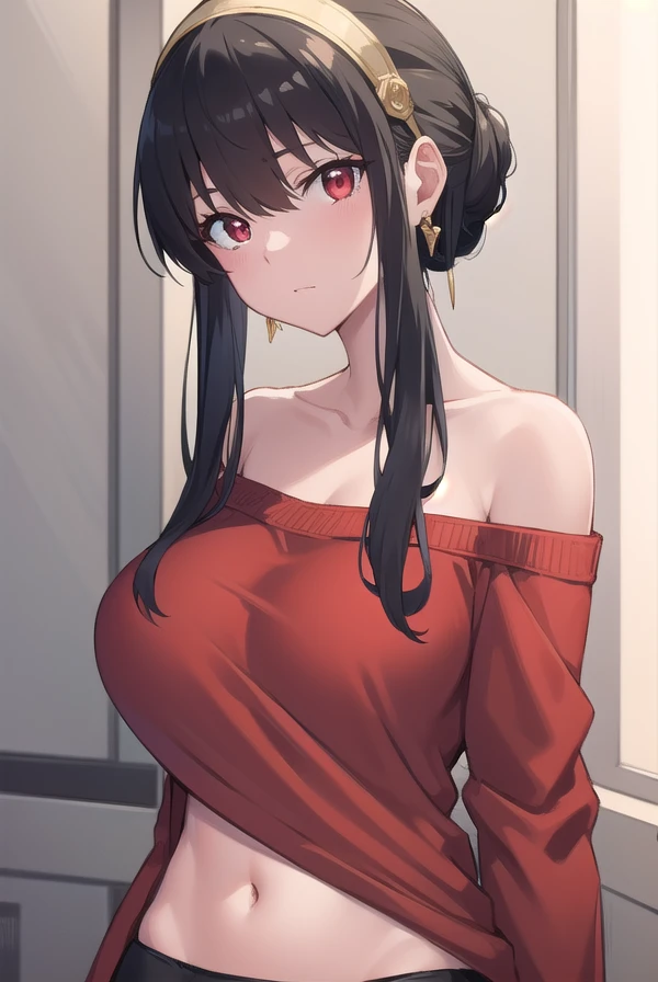 yorbriar, <lora:yorbriar:1>, yor briar, black hair, (red eyes:1.5), earrings, gold hairband, hairband, long hair, sidelocks,
BREAK bare shoulders, collarbone, covered navel, dress, long sleeves, off shoulder, off-shoulder dress, off-shoulder sweater, pantyhose, red sweater, sweater, sweater dress, thighs,
BREAK outdoors, city,
BREAK looking at viewer, 
BREAK <lora:GoodHands-vanilla:1>, (masterpiece:1.2), best quality, high resolution, unity 8k wallpaper, (illustration:0.8), (beautiful detailed eyes:1.6), extremely detailed face, perfect lighting, extremely detailed CG, (perfect hands, perfect anatomy),