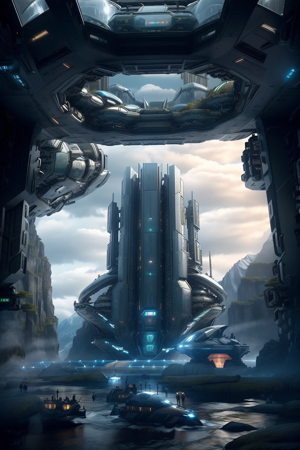 a library with a sofa and book shelves,, (masterpiece),(high quality), best quality, real,(realistic), super detailed, (full detail),(4k),8k,spacecraft, scenery, cloud, science fiction, sky, fog, outdoors, mountain, cloudy sky, tree, landscape<lora:XSArchi_127:1>
