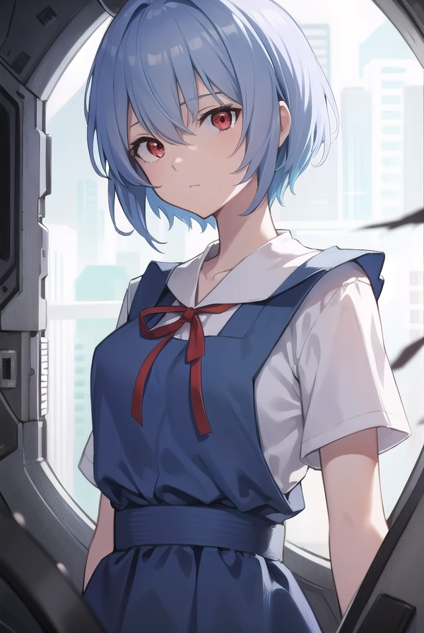 reiayanami, <lora:reiayanamitest:1>, rei ayanami, blue hair, short hair, (red eyes:1.5),
BREAK blue dress, dress, neck ribbon, pinafore dress, red ribbon, ribbon, school uniform, short sleeves, short-sleeved sweater, sweater,
BREAK outdoors, city,
BREAK looking at viewer,
BREAK <lora:GoodHands-vanilla:1>, (masterpiece:1.2), best quality, high resolution, unity 8k wallpaper, (illustration:0.8), (beautiful detailed eyes:1.6), extremely detailed face, perfect lighting, extremely detailed CG, (perfect hands, perfect anatomy),