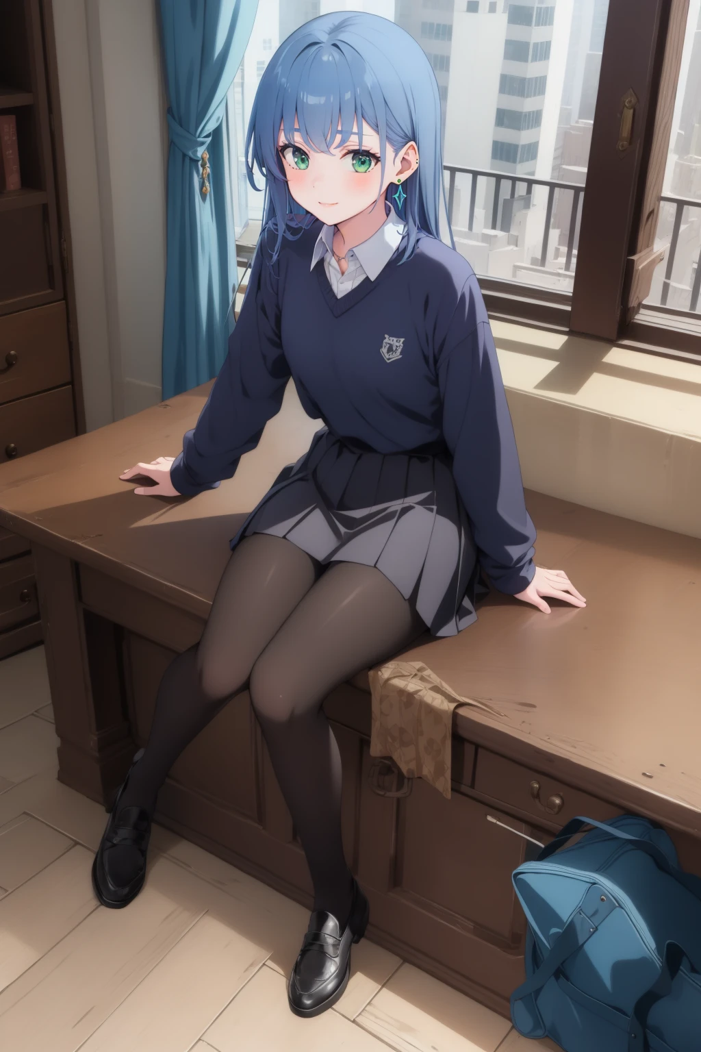 masterpiece,best_quality,isabellaNorn,1girl, solo, solo,blue_hair,green_eyes,blush,smile,((happy)),closed mouth, <lora:isabellaNornV1:.7:OUTD>,long_hair,(sitting on top of desk)crossed legs,full_body,shoes,black pantyhose,school uniform, blue_shirt,black_skirt <lora:GoodHands-vanilla:1:OUTD>,earring,jewelry, collared shirt,