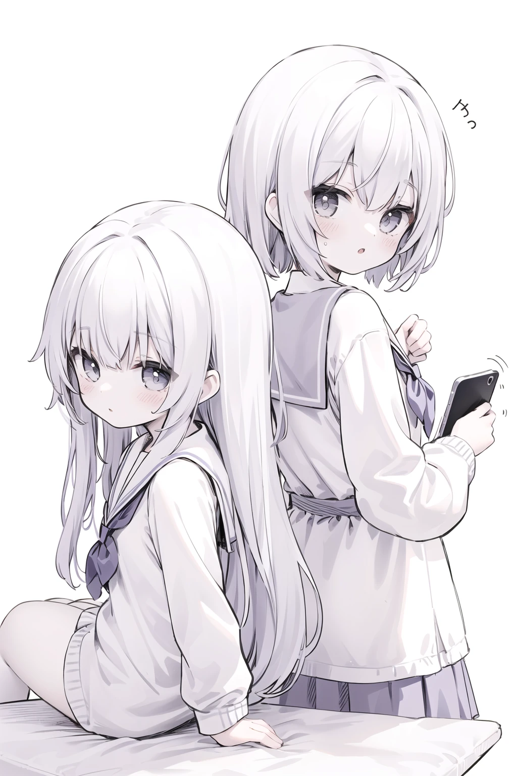 ((two)) ,relax leaning ,standing,
( lean back each other,back to back),love,
kawaii kindergarten school's little 2girls ,( school's little gal :1.0),white wall background,( high color:1.0),clear color,fine angle,best shot