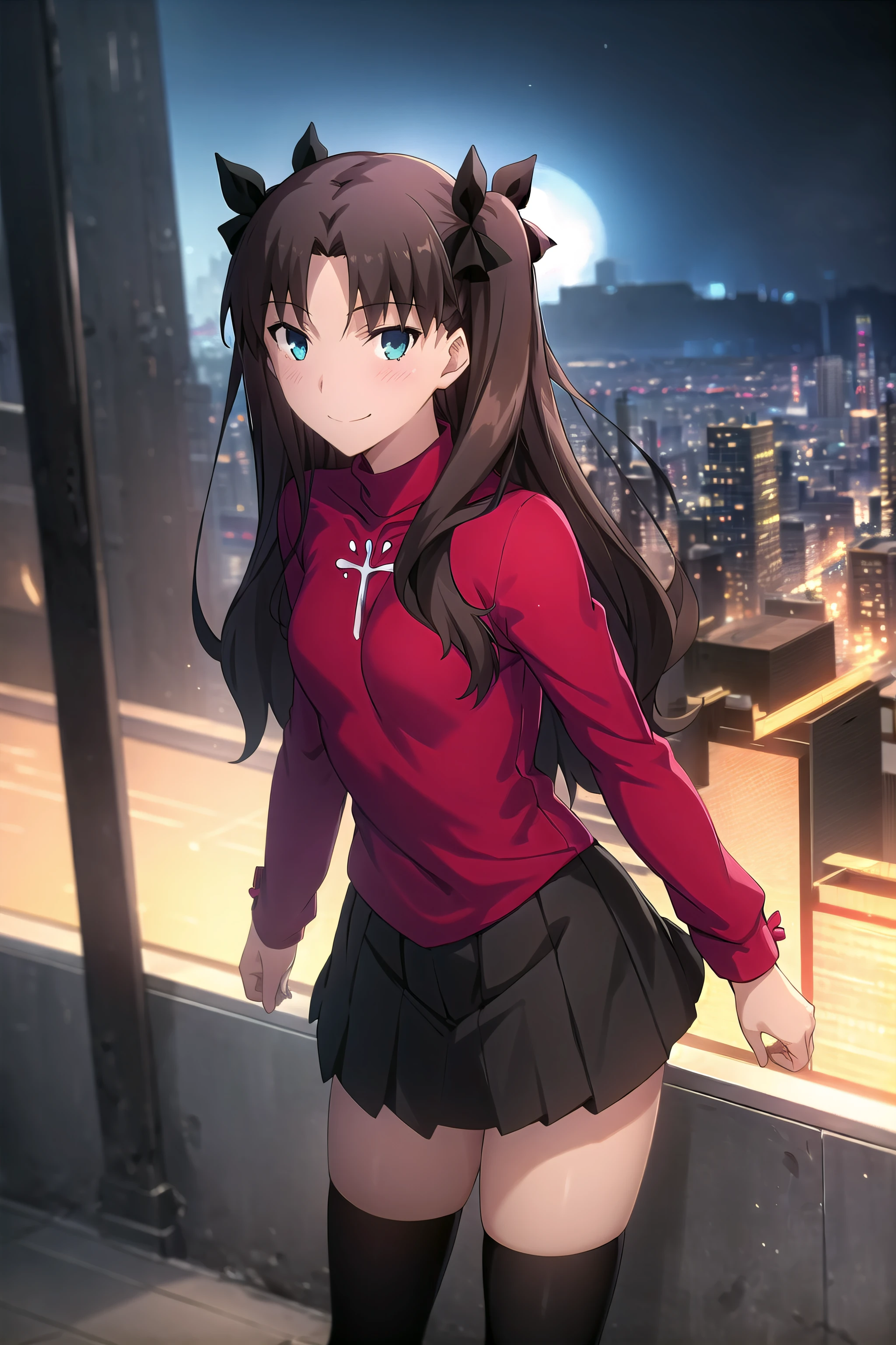 best quality, (masterpiece:1.2), highly detailed,
city, cityscape, night,
<lora:chara_FateStayNightUBW_TohsakaRin_v1:0.8>, tohsaka rin,
1girl, solo, standing, looking at the viewer, smile, closed mouth, slight blush,
long hair, two side up, brown hair, blue eyes, hair ribbon,
red turtleneck, long sleeves, pleated skirt, black skirt, black thighhighs