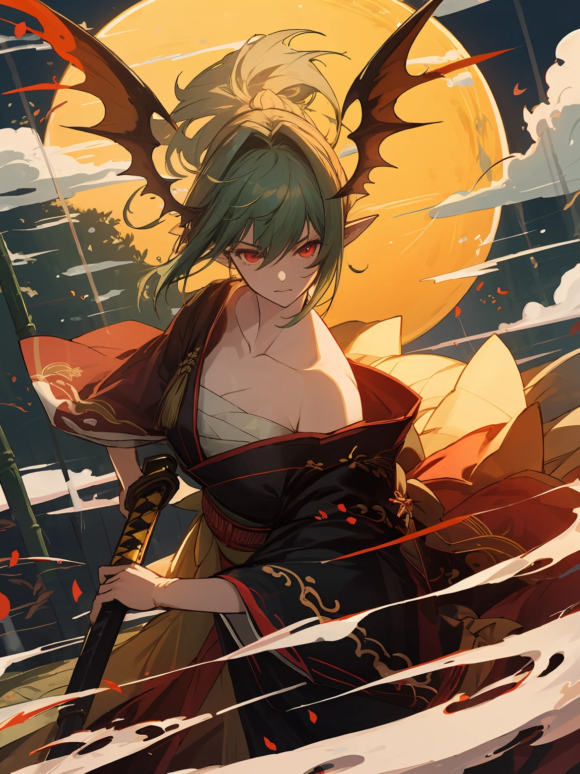 masterpiece,best quality,highres,cinematic lighting,dramatic angle,<lora:ShadowverseYuzukiV4-000024:0.8> ,katana,unsheathing,glowing,full moon,bamboo,cloud,green hair,pointy ear,looking at viewer,red eyes,collarbone,bare shoulders,kimono,japanese clothes,bandages,serious,head wings,fence,lens flare,dynatic angle,flaming
