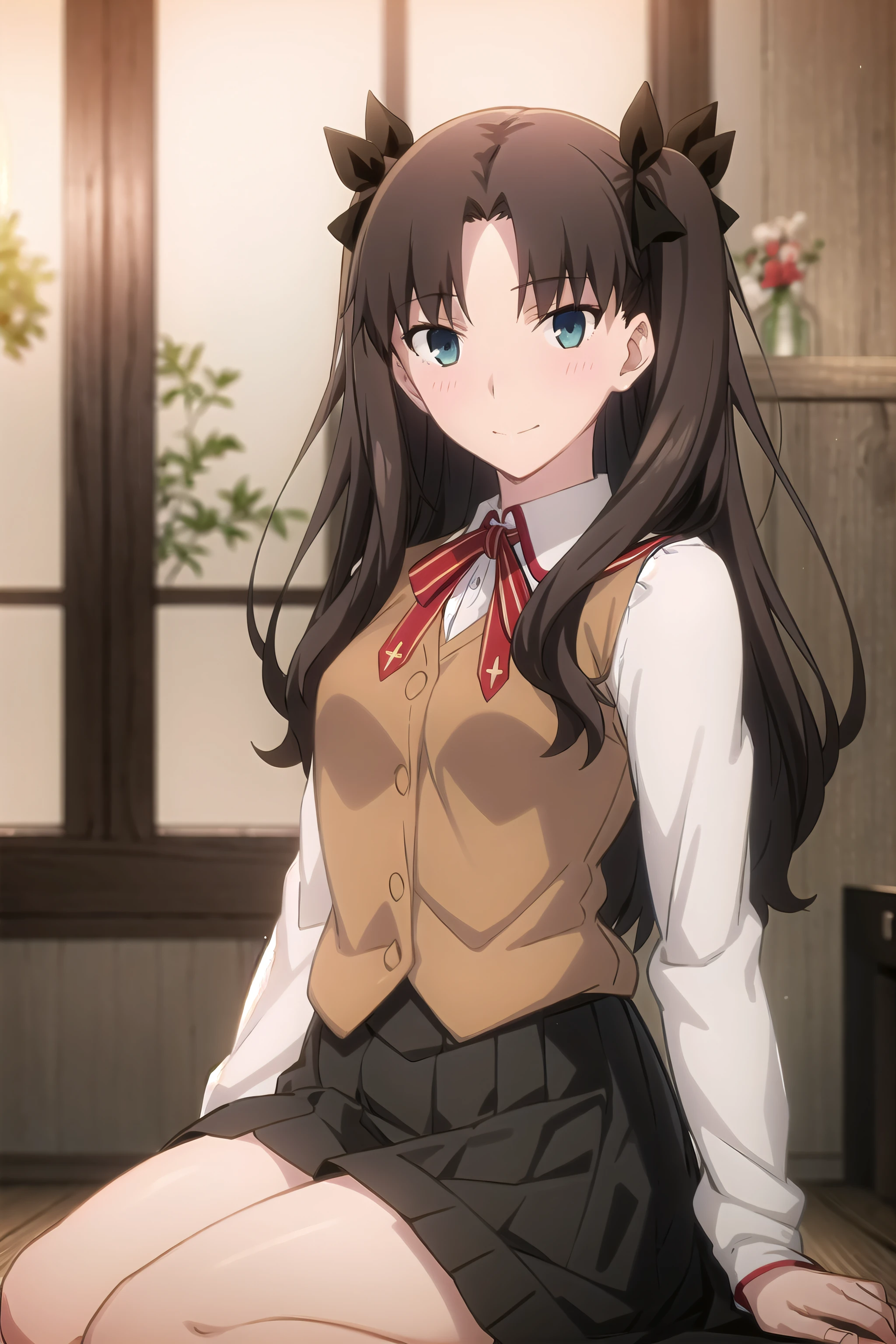 best quality, (masterpiece:1.2), highly detailed,
indoors,
<lora:chara_FateStayNightUBW_TohsakaRin_v1:0.8>, tohsaka rin,
1girl, solo, sitting, looking at the viewer, closed mouth, slight smile, slight blush,
long hair, two side up, brown hair, blue eyes, hair ribbon,
homurahara academy school uniform