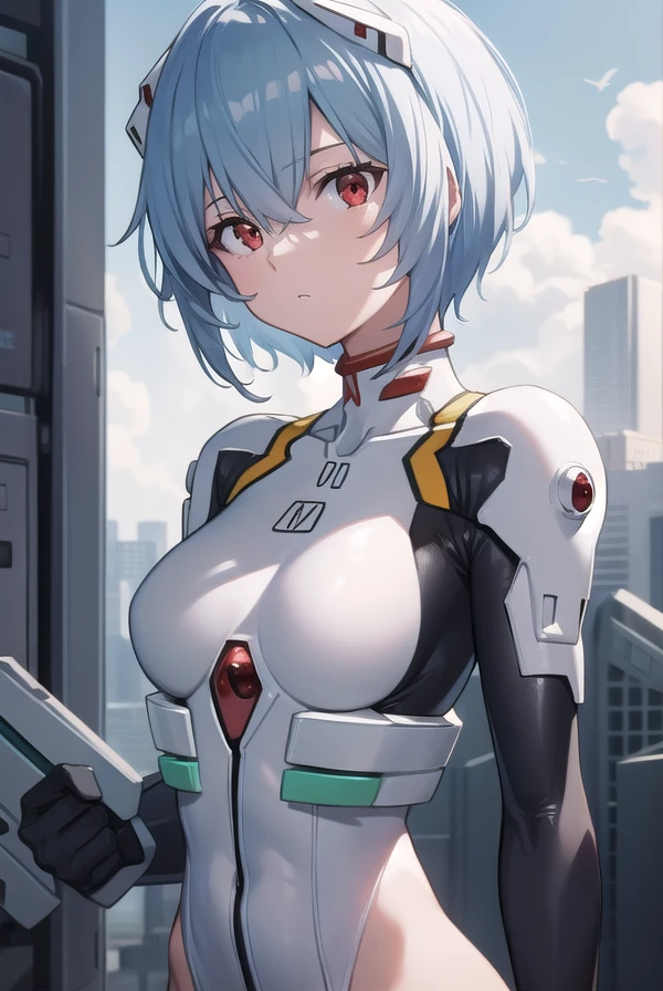 reiayanami, <lora:reiayanamitest:1>, rei ayanami, blue hair, short hair, (red eyes:1.5),
BREAK bodysuit, headgear, plugsuit, white bodysuit,
BREAK outdoors, city,
BREAK looking at viewer, 
BREAK <lora:GoodHands-vanilla:1>, (masterpiece:1.2), best quality, high resolution, unity 8k wallpaper, (illustration:0.8), (beautiful detailed eyes:1.6), extremely detailed face, perfect lighting, extremely detailed CG, (perfect hands, perfect anatomy),