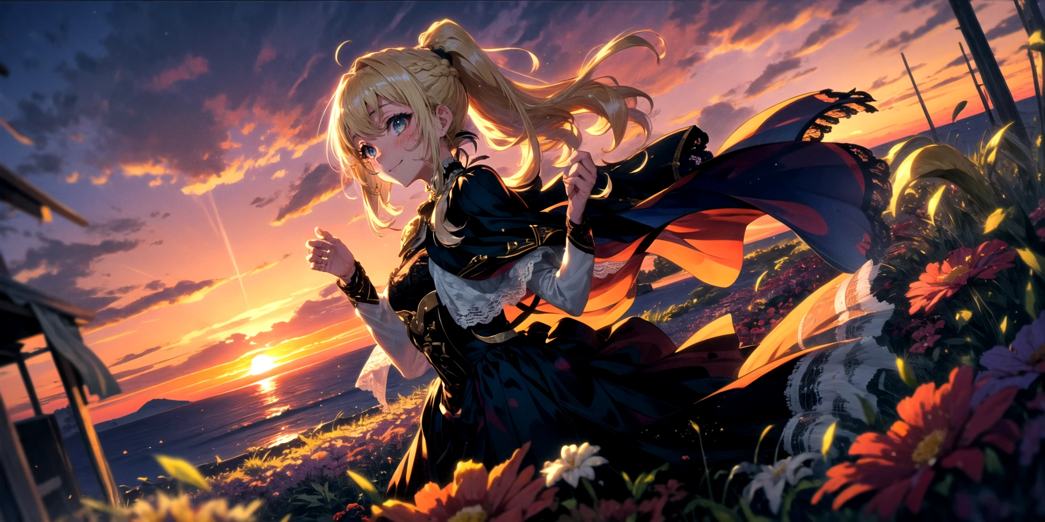 best quality, masterpiece, extremely detailed, detailed background, 1girl, solo, yellow hair, blue eyes, braid, wavy hair, fluffy hair, ponytail, french braid, blush, smile, capelet, lace trim, bodice, sunset, dusk, scenery, high place, horizon, wind, wind blow, flowerbed, hands up, depth of field, bokeh