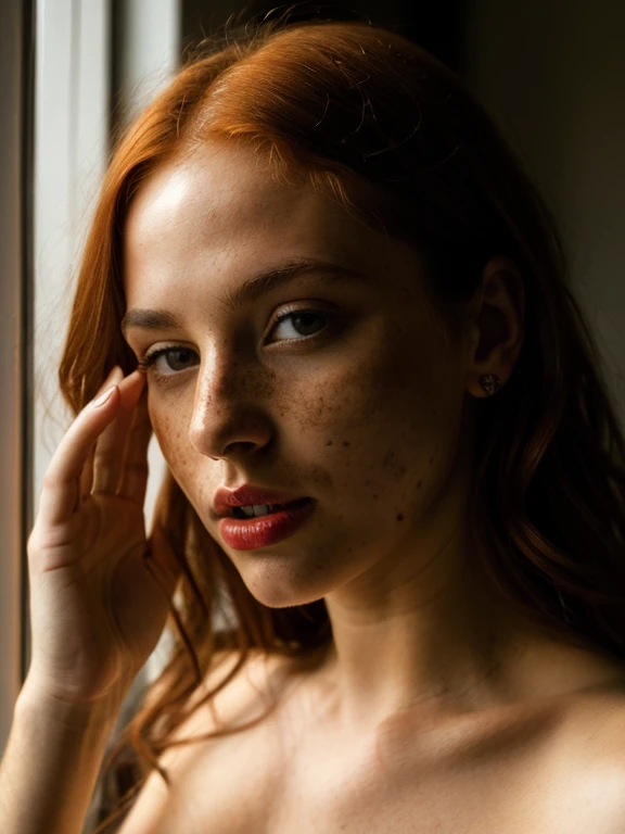 1girl, looking_at_viewer, open_mouth, red_hair, brown_eyes, indoors, lips, window, portrait, freckles, (erotic:1.5), skin detail, shadow, smartphone quality, finger_to_mouth