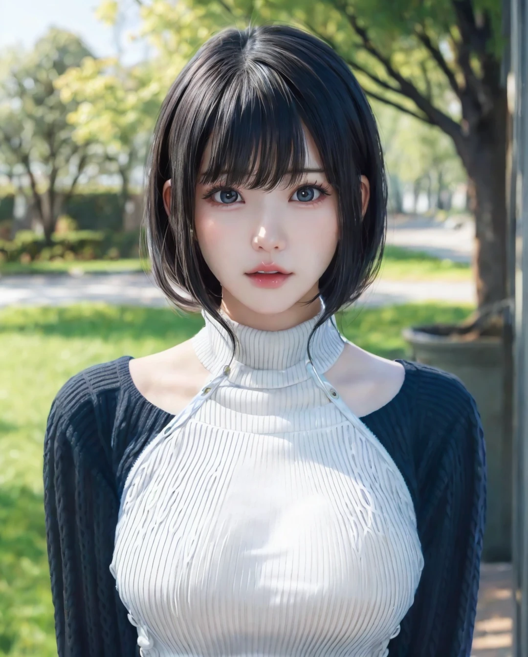 pureerosface_v1:0.3, best quality, photorealistic, 8k, high res, full color, 1girl, woman, 20 years old woman, (skindentation), (portrait:0.6), trees, park bench, daylight, ((park background:1.52)), full color, ((necksweater:1.68)), straight-looking at viewer:1.8, (1girl eyes looking at viewer:1.55), (short-length hair, blackhair, partedhair:1.45), (bokeh), <lora:AAG-enako:0.7>