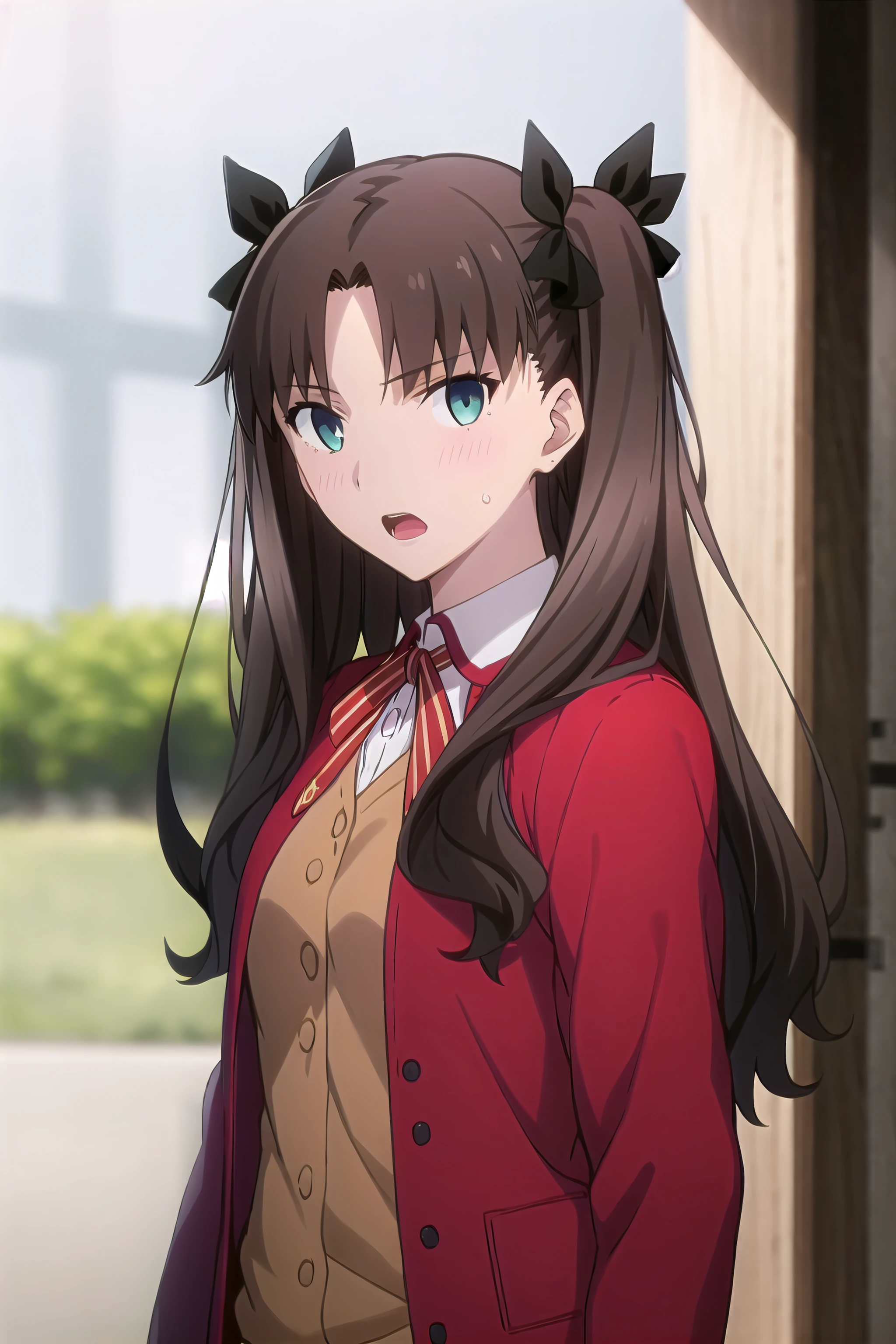 best quality, (masterpiece:1.2), highly detailed,
school, outdoors,
<lora:chara_FateStayNightUBW_TohsakaRin_v1:0.8>, tohsaka rin,
1girl, solo, standing, from front, looking at the viewer, open mouth, slight blush,
long hair, two side up, brown hair, blue eyes, hair ribbon,
homurahara academy school uniform, red jacket