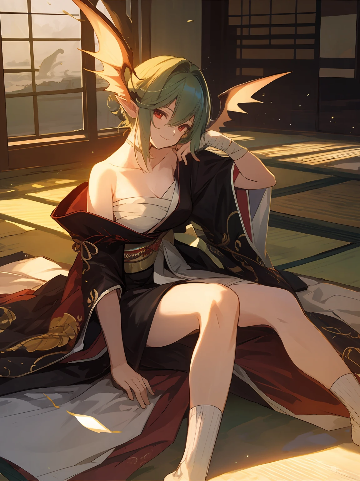 masterpiece,best quality,highres,cinematic lighting,dramatic angle,<lora:ShadowverseYuzukiV4-000024:0.8> ,green hair,pointy ear,looking at viewer,red eyes,collarbone,bare shoulders,kimono,japanese clothes,bandages,smile,head wings,drinking,sake,sakazuki,lens flare,sitting,indoors,socks,legs