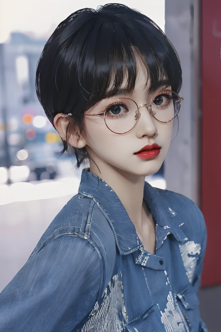best quality, chengxiao, 1girl, solo, short hair, looking at viewer, shirt, red lips, glasses, round glasses, <lora:chengxiao_v2:0.6>