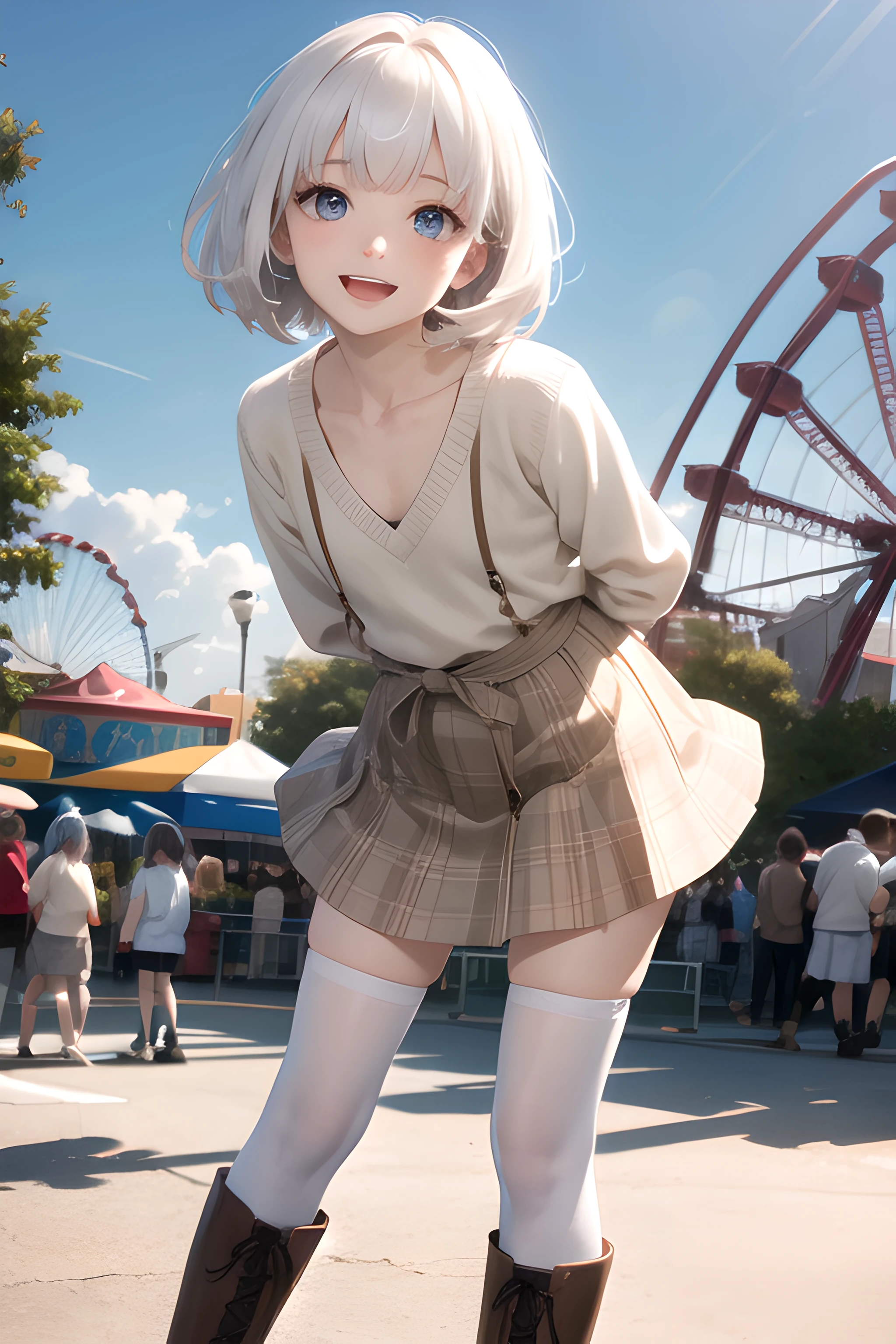 (masterpiece), best quality, highres, ultra-detailed, 1girl, white hair, grey eyes, short straight hair, blunt bangs, flat chest, narrow waist, petite, pale skin, outdoors, amusement park, beige sweater, v-neck, short grey skirt, plaid skirt, brown bag, brown boots, cross-laced ankle boots, white thighhighs, looking at viewer, leaning forward, arms behind back, happy, open mouth, smile,