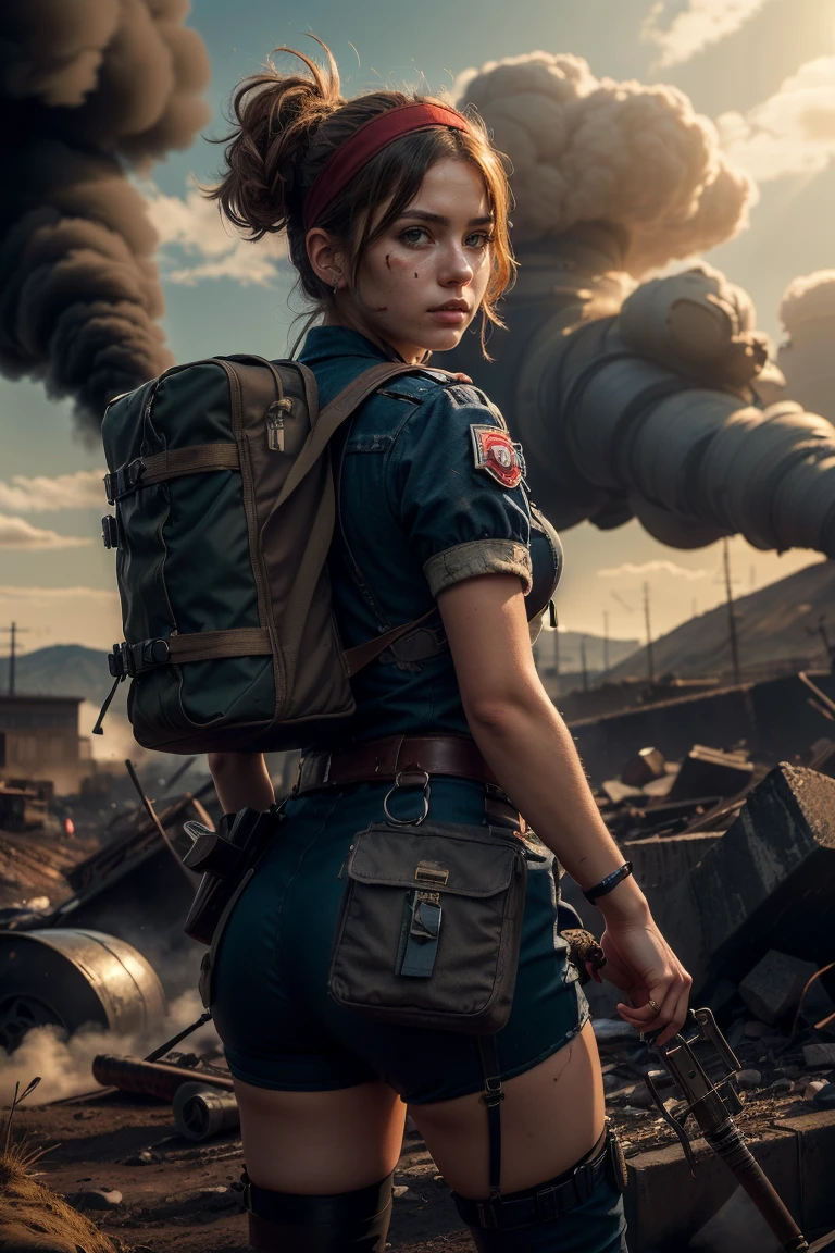 (best quality, photorealistic, masterpiece:1.3), 20 year old girl, cute and adorable, very long hair, (disheveled:1.3), round ass, solo, half shot, looking down, detailed background, detailed face, (<lyco:SteamPunkBundle2v:0.5>, CoalPunkAI, coal-powered theme:1.1), battlefield-medic, field-surgeon, exhausted, military medic uniform, headband, straps, red cross, medical bag, toruniquet, morphine, wound dressing, battlefield in background, intense action, dim sunlight, chaos, epic atmosphere,, higly detailed textures, intricate details, 21st century modern, <lora:add_detail:0.6>