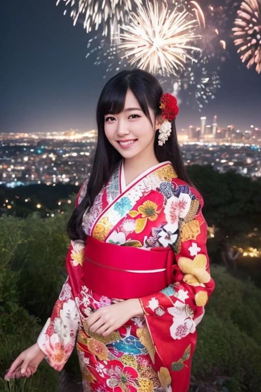 1girl,(wearing a cotton yukata),(on a hill overlooking a city:1.4),(fireworks in the background:1.3),(RAW photo, best quality), (realistic, photo-realistic:1.4), masterpiece, an extremely delicate and beautiful, extremely detailed, 2k wallpaper, Amazing, finely detail, extremely detailed CG unity 8k wallpaper, ultra-detailed, highres, soft light, beautiful detailed girl, extremely detailed eyes and face, beautiful detailed nose, beautiful detailed eyes,cinematic lighting,city lights at night,starry sky,perfect anatomy,slender body,light smile,