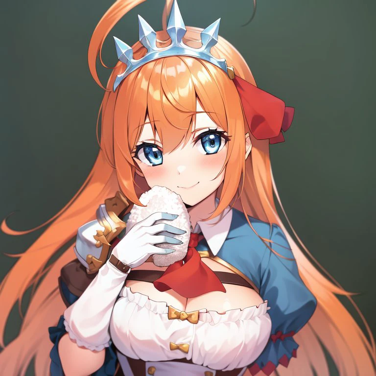 best quality, masterpiece, 1girl, pecorine, orange hair, long hair, blue eyes, tiara, red ribbon, large breasts, onigiri <lora:pecorine-18:0.9>