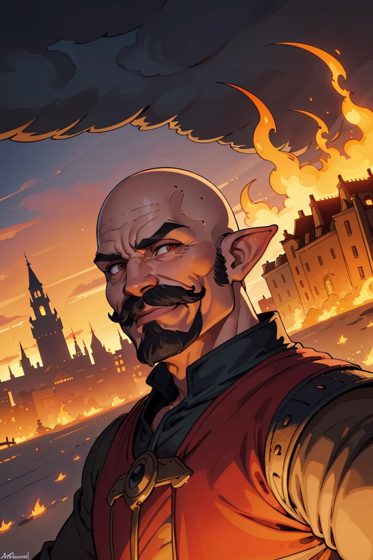 (artwork:1.2),(lineart:1.33),bald elf cook with epic moustaches (proud smile) in front of medieval city-burning,portrait,flames,(hyperdefined),(inked-art),unusual-angle,cartoon,disaster,flames and hash,smoke,complex lighting from behind,(flat colors),ultradetailed,absurdres, (atmosphere), cinematic composition, fine details, perspective