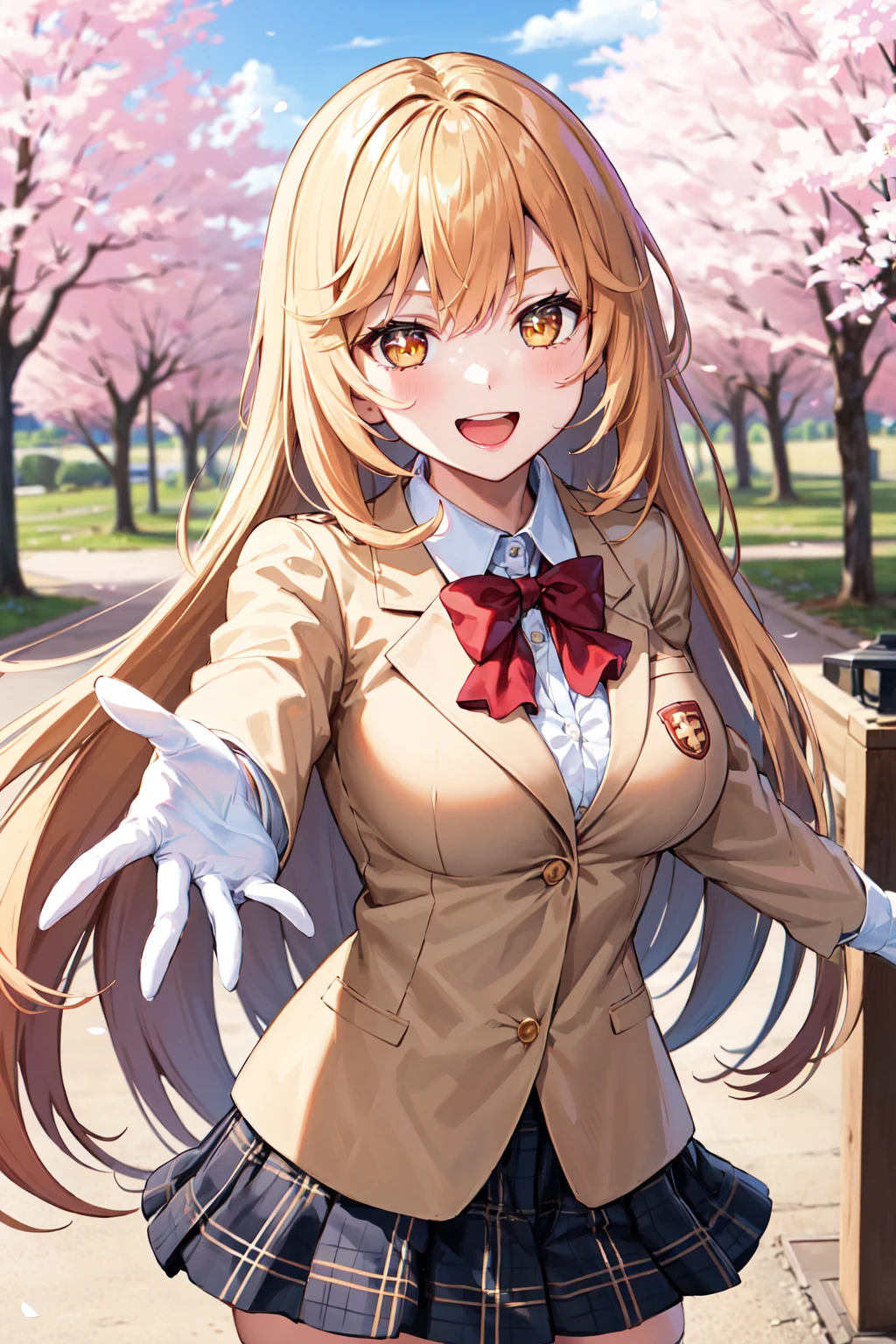 masterpiece, best quality, highres, hmmisaki, long hair, symbol-shaped pupils, +_+, large breasts, tokiwadai school uniform, red bow, white shirt, collared shirt, blazer, white gloves, long sleeves, plaid skirt, white thighhighs, <lora:shokuhou_misaki_v2:0.7>, cherry blossoms, reaching out, smile, open mouth, upper teeth,