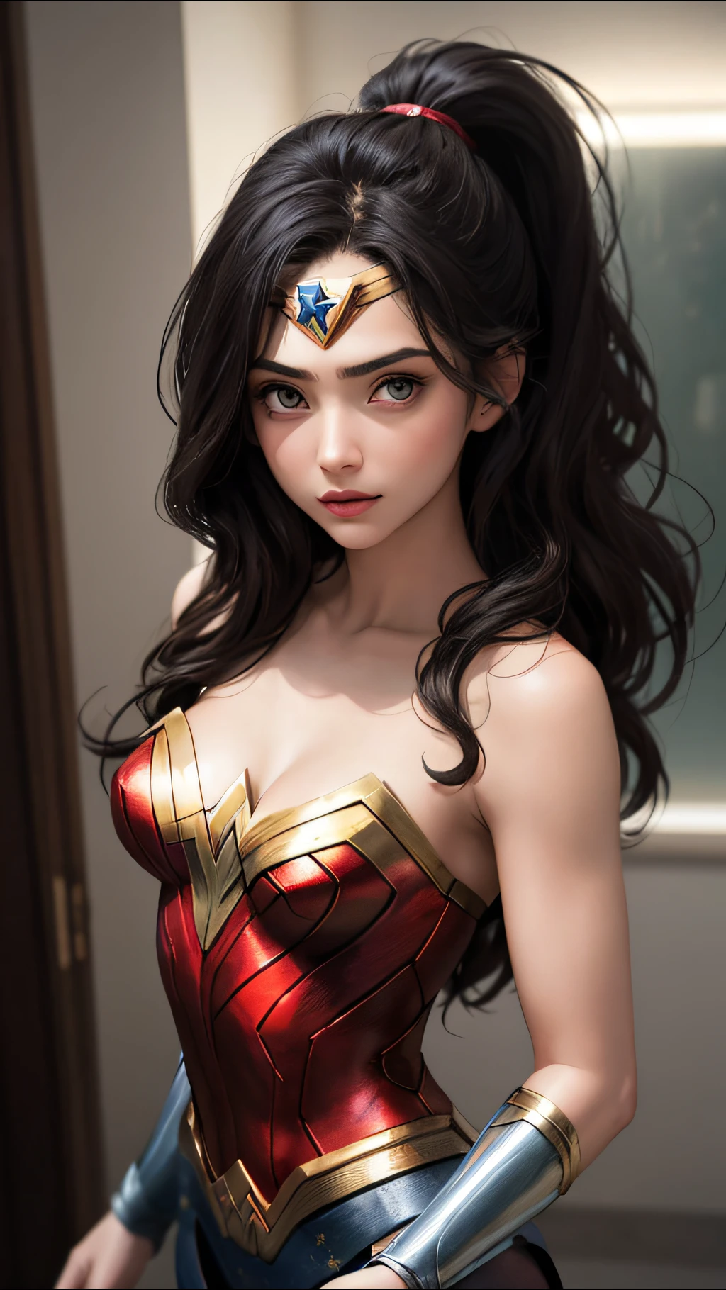 (best quality, masterpiece, perfect face) beautiful hair, 18 years old girl, medium tits, wonder woman suit cosplay, flirting on camera