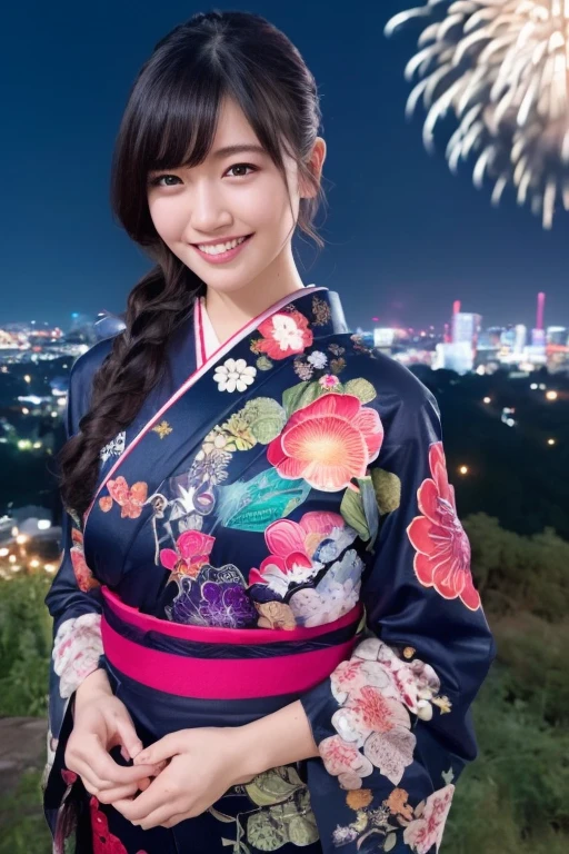 1girl,(wearing a cotton yukata),(on a hill overlooking a city:1.4),(fireworks in the background:1.3),(RAW photo, best quality), (realistic, photo-realistic:1.4), masterpiece, an extremely delicate and beautiful, extremely detailed, 2k wallpaper, Amazing, finely detail, extremely detailed CG unity 8k wallpaper, ultra-detailed, highres, soft light, beautiful detailed girl, extremely detailed eyes and face, beautiful detailed nose, beautiful detailed eyes,cinematic lighting,city lights at night,starry sky,perfect anatomy,slender body,light smile,