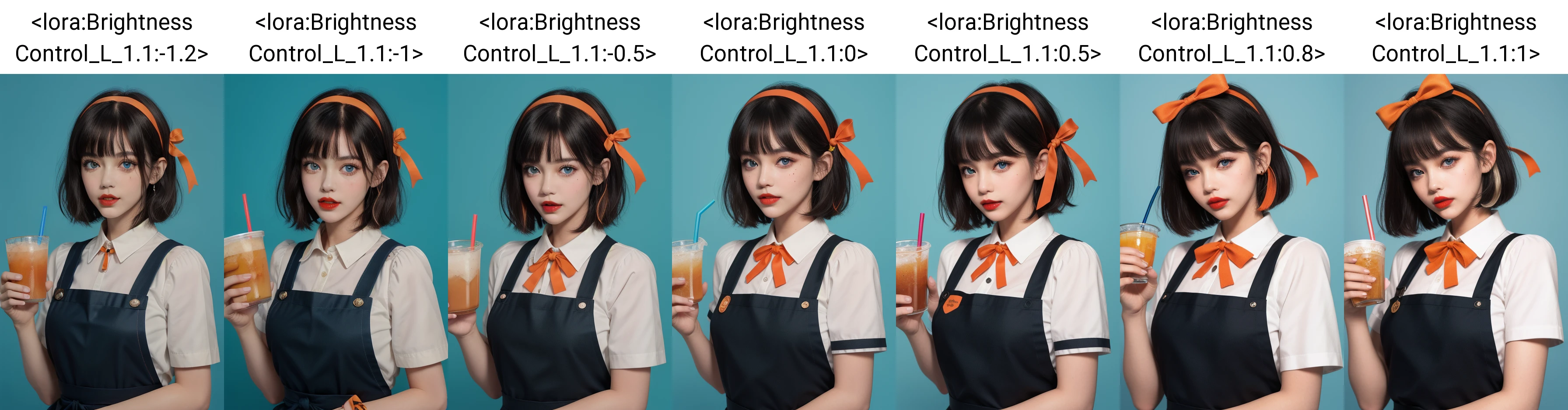(masterpiece, best quality), intricate details, 8k, artstation, wallpaper, sharp focus,1girl, solo, black hair, short hair, blue eyes, bangs, ribbon, puffy short sleeves, looking at viewer, food, orange ribbon, blood, upper body, apron, bob cut, orange hairband, blue background, dress, parted lips, red lips, brown bow, neck ribbon, blunt bangs, holding cup, two-tone background, drinking straw, collared shirt, fix,good hands,cute,whole body, <lora:Brightness Control_L_1.1:-1.2>