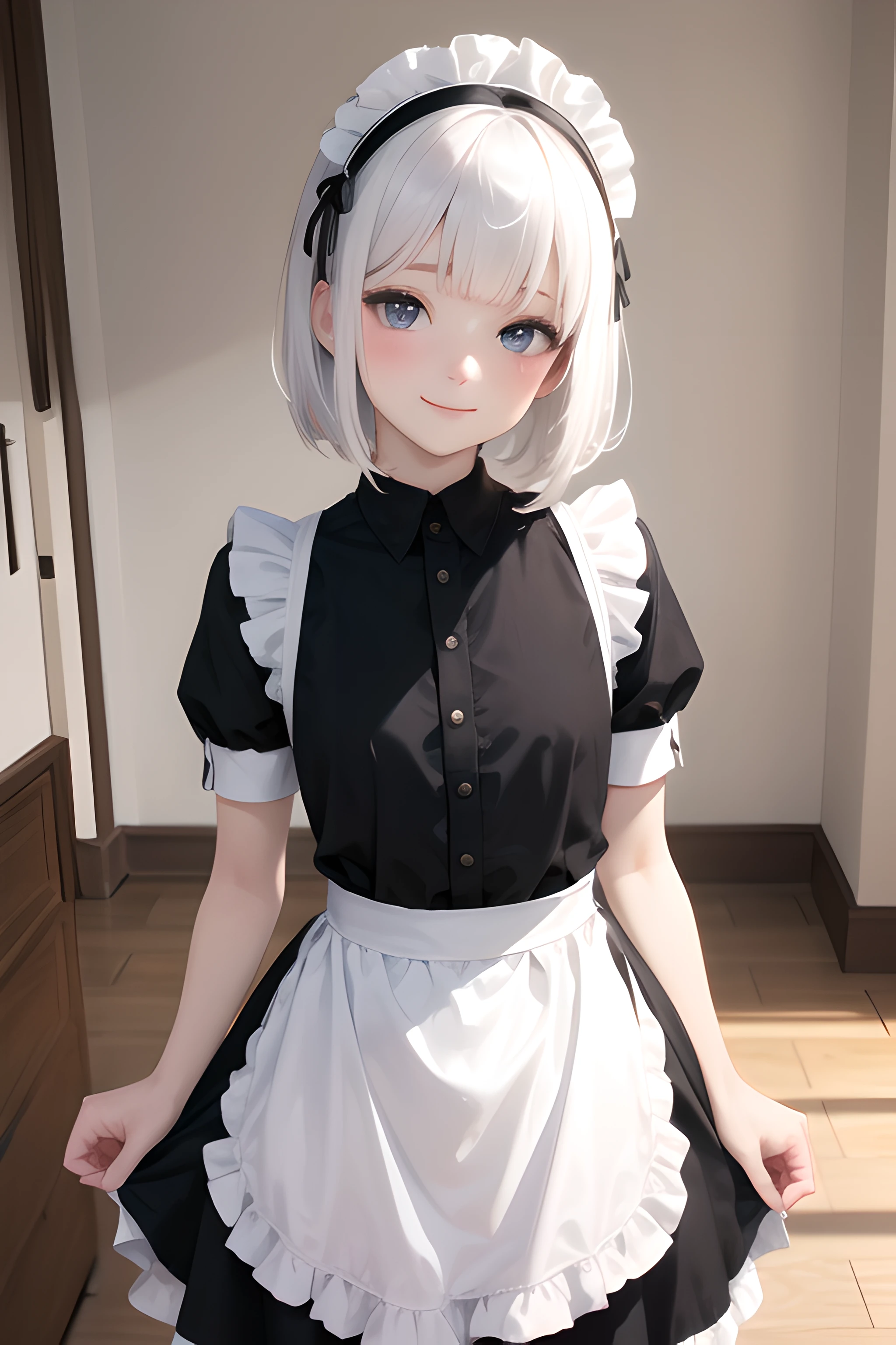 (masterpiece), best quality, highres, ultra-detailed, 1girl, white hair, short straight hair, blunt bangs, flat chest, narrow waist, grey eyes, petals, pale skin, mansion, indoors, maid, maid headdress, maid apron, cowboy shot, blush, light smile, head tilt, bowing,
