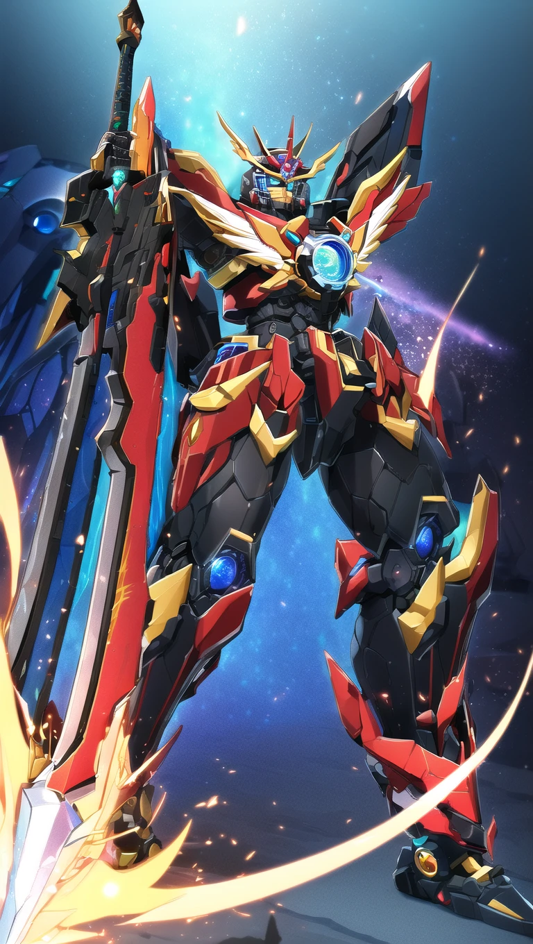 (SRS), (a super robot:1.1),(full body), (dynamic pose), (black armor:1.5),best quality, highly detailed, ultra-detailed, masterpiece, 8k wallpaper,blue eyes, absurdres, highres, super fine illustration, absurdres, solo, game cg, (heroick parts), (blacklight:1), (detailed beautiful face and eyes:1.0), command spell, mask,mechanical parts, robot joints, full armor, glowing eyes,mecha,mecha design by megazord,CR1.1 ,glowing, holding sword, <lora:srd_v1:0.8>