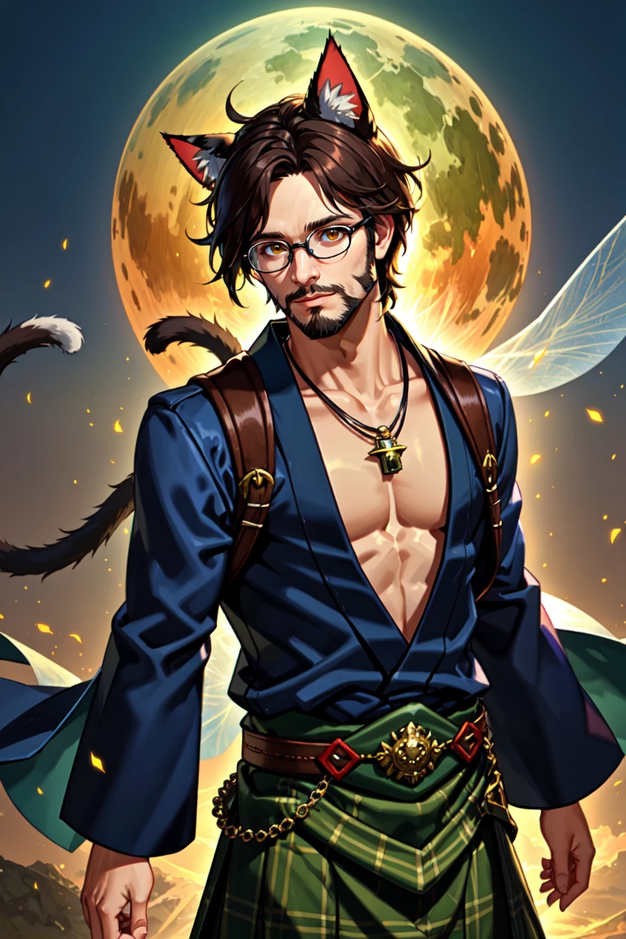 (masterpiece, best_quality, ultra-detailed, immaculate:1.3), epic, illustration, render, volumetric lighting, welcoming, see-through gossamer, in Japan,1boy, animal ears,beard, cat ear, animal ears,facial hair, brown eyes, bare chested, kilt, black hair, shiny skin, detailed eyes, glasses, eyewear, wild hair, necklace, male focus, solo, dynamic angle, rule of thirds , wind swept hair, celtic background