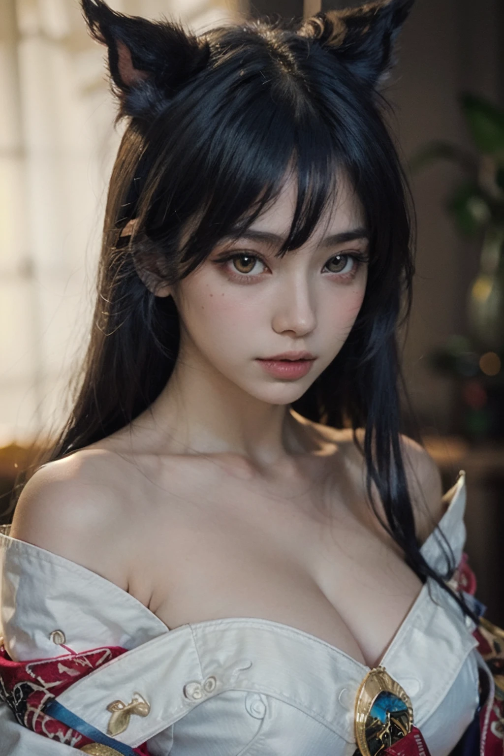 Best quality, masterpiece, ultra high res, (photorealistic:1.4), raw photo, 1girl, offshoulder, in the dark, deep shadow, low key, cold light, AHRI_COSPLAY, WHITE TAILS, BLACK LONG HAIR, YELLOW EYES <lora:FilmG2:0.5:1,0,0,0,0,0,0,0,0,0,0,0.8,1,1,1,1,1> <lora:Ahri_Cosplay:1:1,1,1,1,1,0,0,0,1,1,1,1,1,1,1,0,0>,fix,good hands,<lora:add_detail:0.3:1,0,1,1,0.2,0,0,0,0,0,0,0,0,0,0,0,0>,<lora:Brightness Control_L_1.1:-1.2>