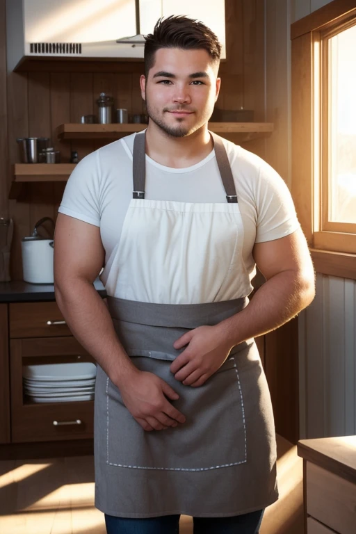 a Curvy Alaskan Native man male, standing, wearing a apron, relaxed, natural skin, detailed skin, (freckles:0.2), (pores:0.2), hdr, sharp focus, (diffuse light:1.3), (soft light:1.5), global illumination,