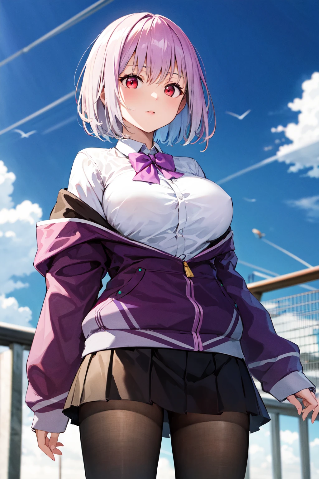 masterpiece, best quality, highres, aaakane, short hair, red eyes, large breasts, purple bowtie, collared shirt, white shirt, off shoulder, purple jacket, partially unzipped, long sleeves, sleeves past wrists, pleated skirt, black skirt, pantyhose, <lora:shinjou_akane_v2:0.8>, cowboy shot, standing, sky,