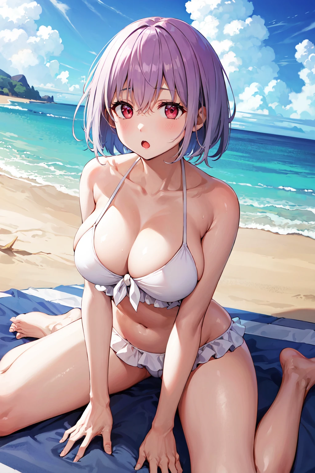 masterpiece, best quality, highres, aaakane, short hair, red eyes, large breasts, swimsuit, frilled bikini, white bikini, front-tie top, <lora:shinjou_akane_v2:0.8>, beach, wariza, :o