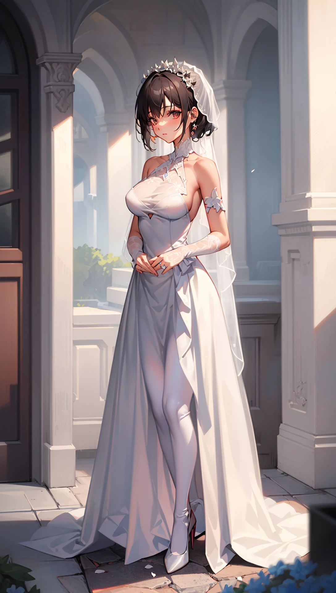 ((((ultra illustrated style:1.0)))),best quality,best animated,masterpiece,ray tracing, global illumination,1girl, solo, looking at viewer, standing, full body, wedding dress,outdoors,<lora:wedding:1>