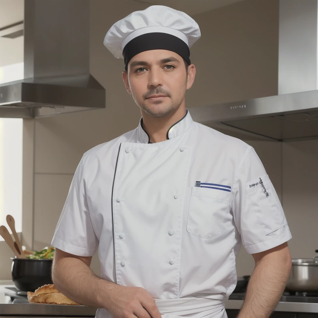 modelshoot style, masterpiece, sharp focus, a picture of sp-nz, in a chefs uniform and chef hat, standing in a kitchen, 5 o'clock shadow, stubble, age 43