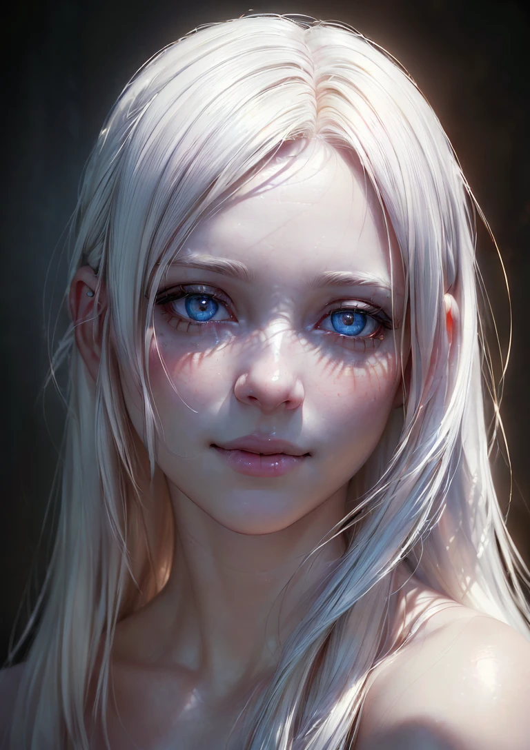 analog style, model shoot style, photo ((close portrait:1.6)) of a 1girl, (albino girl:1.5, long white hair), (shiny body, smile), ((cute face: 1.7, perfect face:1.5)),
(best quality:1.2, hyperrealistic:1.2, photorealistic:1.2, Madly detailed CG unity 8k wallpaper, masterpiece:1.3, Madly detailed photo:1.2), (hyper-realistic lifelike texture, realistic eyes:1.2), (octane render, unreal engine 5),
(ecstasy of light and shadow, deep shadow), (sony a7, 50 mm, film grain:1.4), (photo by lee jeffries, greg rutkowski and magali villanueve) <lora:add_detail:0.5>