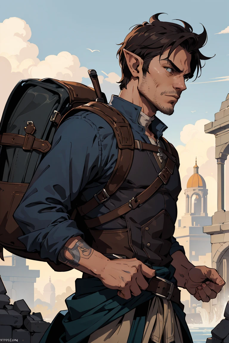 (artwork:1.2),( lineart:1.33),(lineart:1.33),mature,1man,portrait male elf rogue adventurer walking upstream in the sewers holding his backpack,close-up,effort,heavy-backpack,(hyperdefined),(inked-art),epic,bright blue brown yellow tones,unusual-angle,ruins setting,cartoon,medieval gothic aesthetic,complex lighting,(flat saturated bright colors),(ultradetailed:1.2),absurdres, (atmosphere), cinematic composition, fine details, perspective, (close-up:1.2), abstract background, (movement:1.2), intense, (sharp focus)