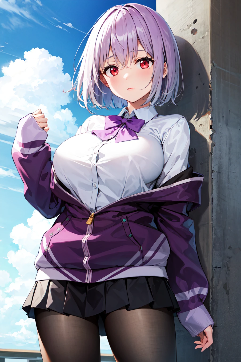 masterpiece, best quality, highres, aaakane, short hair, red eyes, large breasts, purple bowtie, collared shirt, white shirt, off shoulder, purple jacket, partially unzipped, long sleeves, sleeves past wrists, pleated skirt, black skirt, pantyhose, <lora:shinjou_akane_v2:0.8>, cowboy shot, standing, sky,