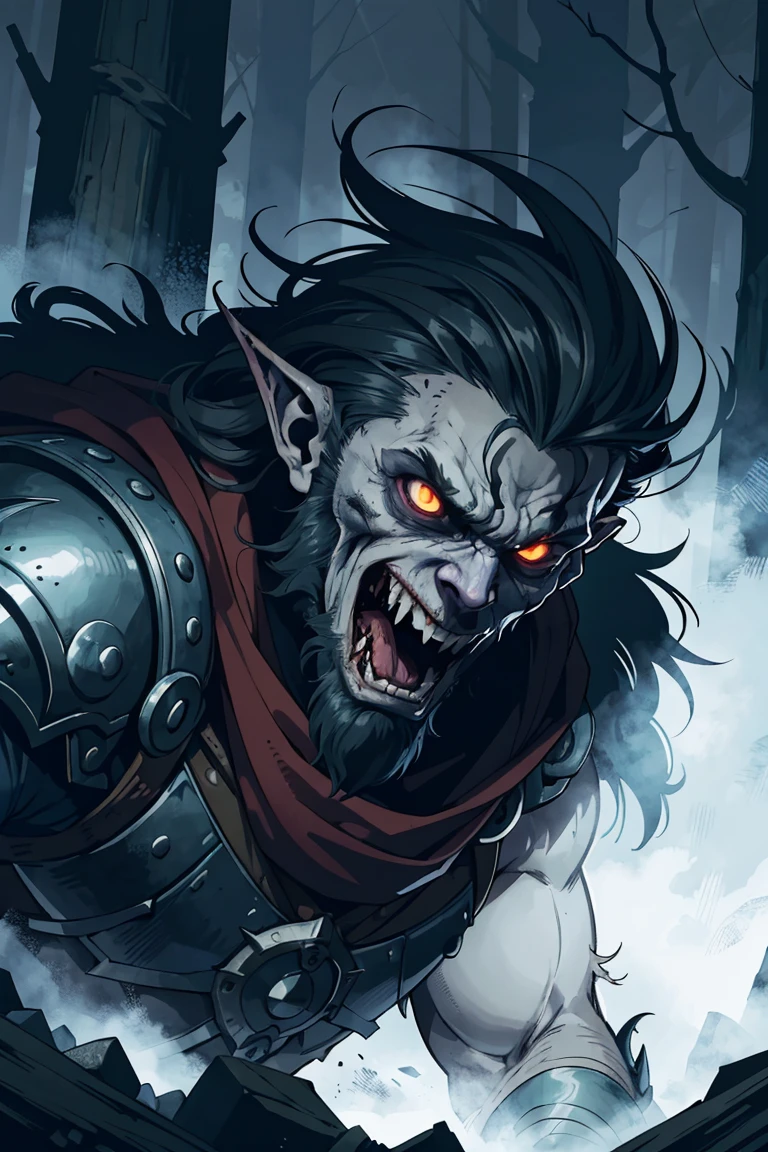 (artwork:1.2),(lineart:1.33),zombie, portrait male evil (zombie:1.3) elf werewolf viking summoned in a winter forest, action shot, fog, armor, (screaming:0.7), wild,dramatic,(hyperdefined),(inked-art),low angle,toon,medieval horror aesthetic,dramatic complex lighting,(flat colors),ultradetailed,absurdres, (atmosphere), cinematic composition, fine details, perspective, (close-up:1.2), pointy teeth