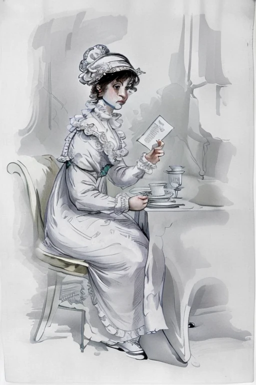 Jane Austen a woman <lora:adobisRealFlexibleMix_v2:1> sitting at the table with a feather pen in her hand, head looking towards you with a white hat, and a white dress with a chair in front of a desk, a pictureframe and watch underneath on the wall and a curtain behind the woman <lora:DrawingSD1.5_v1:0.8>