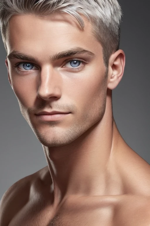 full body of a  Average  Danish man male with Bronze complexion,  Rectangle face, ___custom/people/jawline_shapes__, Button nose , (looking at the viewer:1.9), Gray hair,  Bright eyes, Neat eyebrows, eye lashes, small iris, closed lips,High cheekbones, Sharp jawline, (perfect ears:0.7), (expressionless:0.8), Straight lips, (smile:0.8), symmetrical, relaxed, natural skin, detailed skin, (freckles:0.2), (pores:0.2),