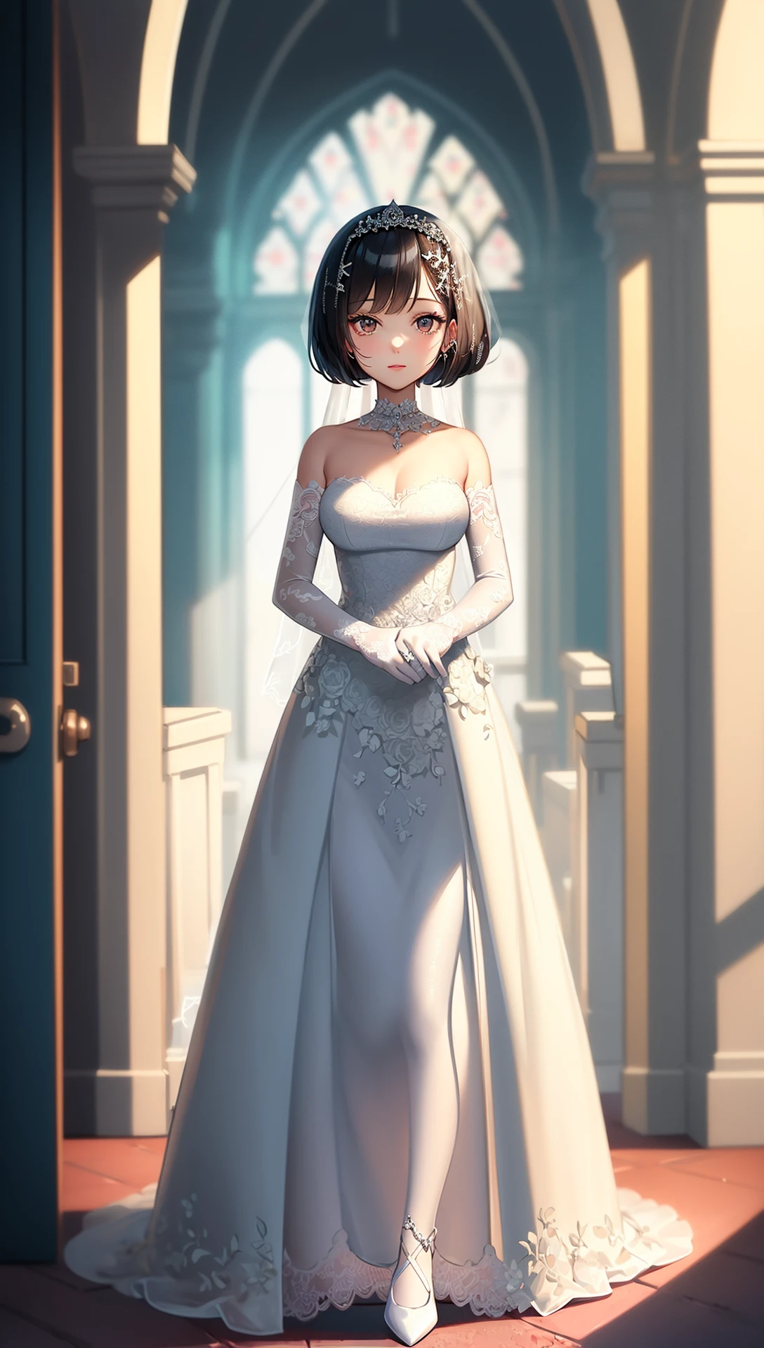 ((((ultra illustrated style:1.0)))),best quality,best animated,masterpiece,ray tracing, global illumination,1girl, solo, looking at viewer, standing, full body, wedding dress,outdoors,<lora:wedding:1>