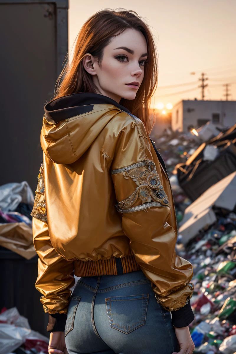 photo of S089_LizOcean, a stunning woman, at a (garbage-dump:1.2), wearing a (jacket:1.1) and jeans, sunset, (8k, RAW photo, best quality, DOF, ultra high res:1.2), (absurdres, intricate, photorealistic, masterpiece, ultra-detailed, Unreal Engine:1.3)