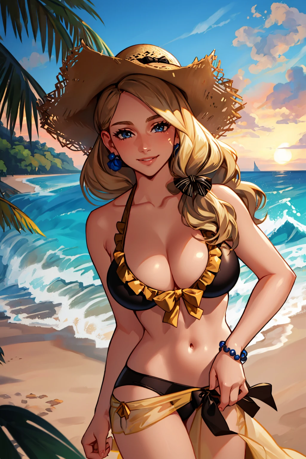 masterpiece, best quality, sumMercedes, blonde hair, sun hat, hair bow, black bikini, sarong, bracelet, large breasts, upper body, looking at viewer, beach, waves, smile, shiny skin <lora:mercedes-nvwls-v2-000012:0.8>