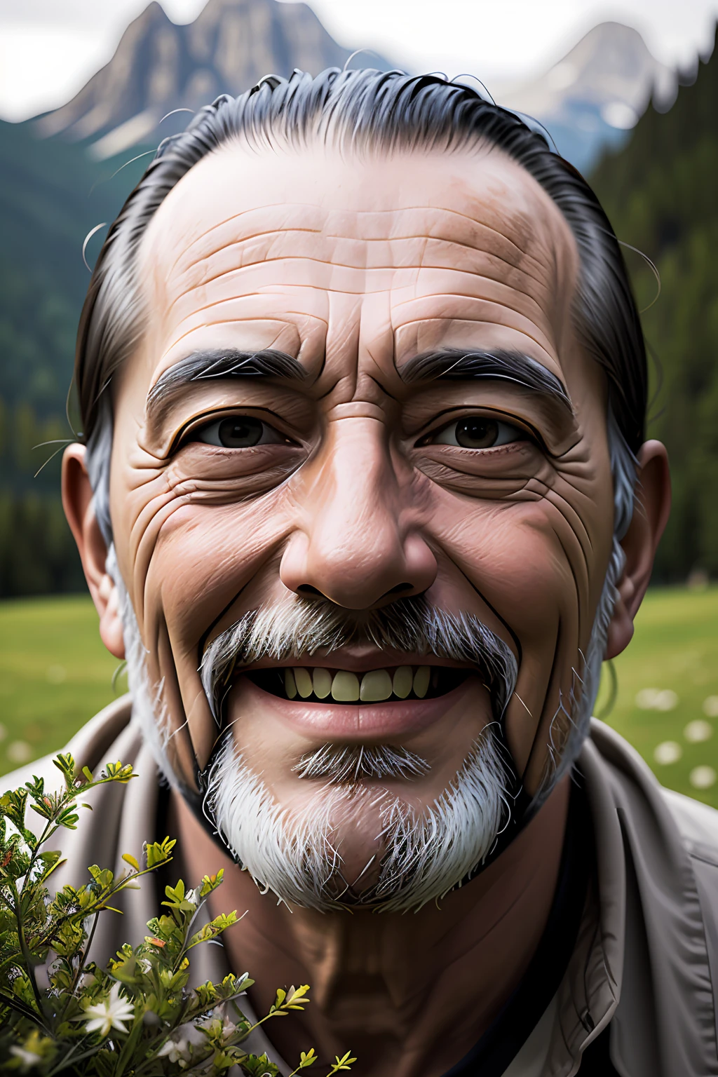 old alpine famers head being overgrown by edelweiss, smiling, dolomites in background, dark, eerie, despair, portrait photography, artstation, digital art, adward winning, concept art, artstation, highly detailed, sharp focus, by caravaggio