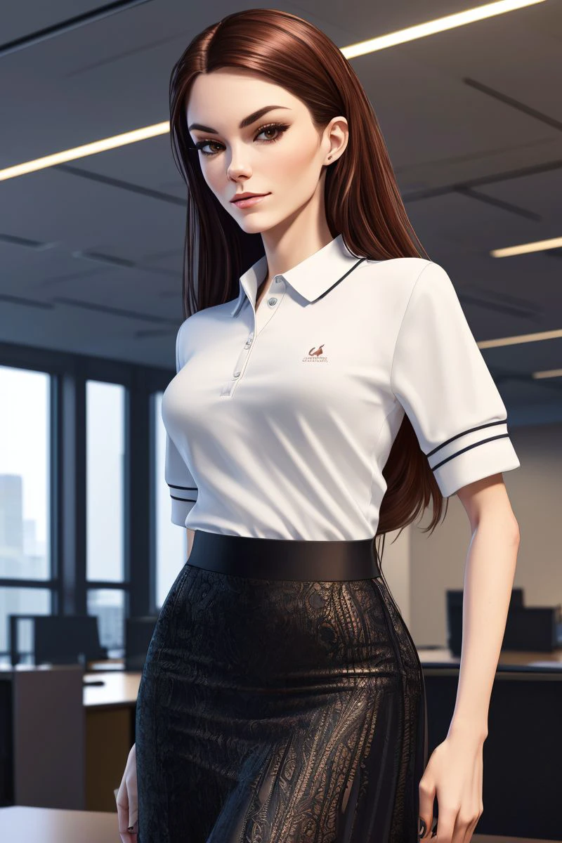 photo of S089_LizOcean, a stunning woman, it an (office:1.2), wearing a (polo-shirt:1.1) and a (long-skirt), computer, (8k, RAW photo, best quality, DOF, ultra high res:1.2), (absurdres, intricate, photorealistic, masterpiece, ultra-detailed, Unreal Engine:1.3)