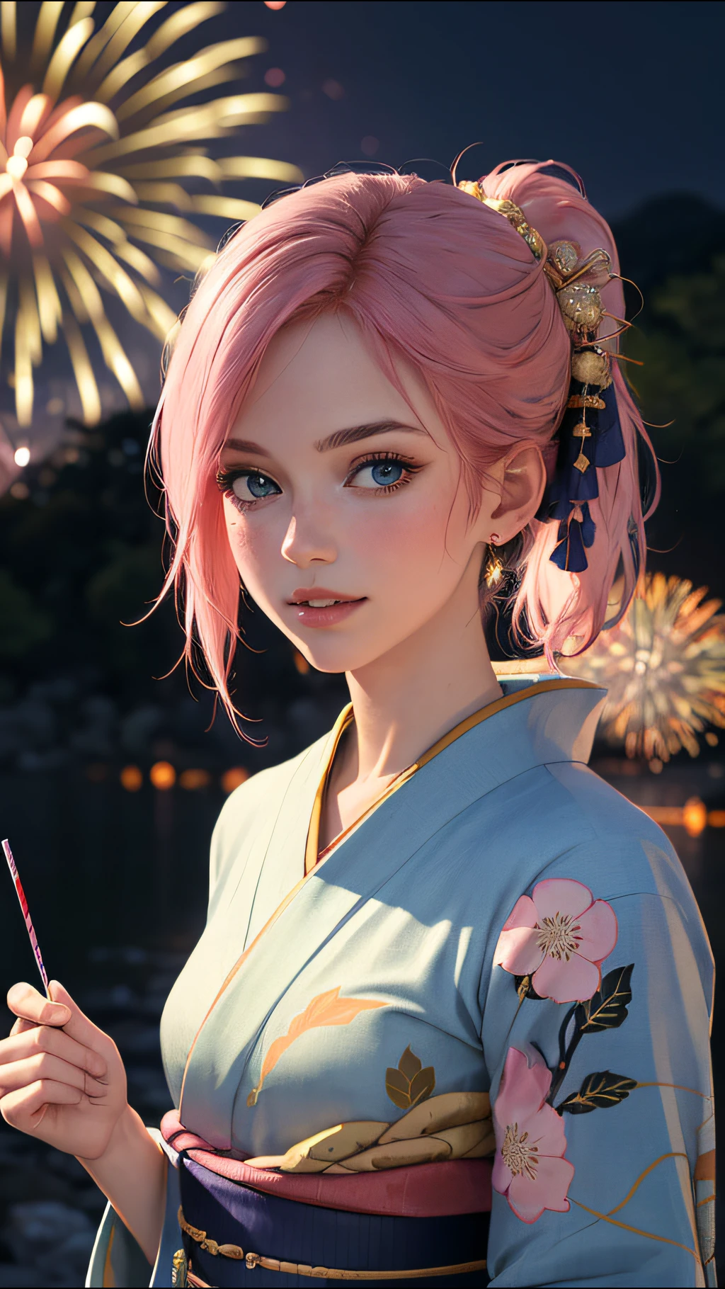 (ultra realistic, best quality, masterpiece, perfect face) pink hair, 18 years old girl, flirting on camera, in traditional japanese blue and gold kimono, detailed textures kimono, night, kyoto, fireworks