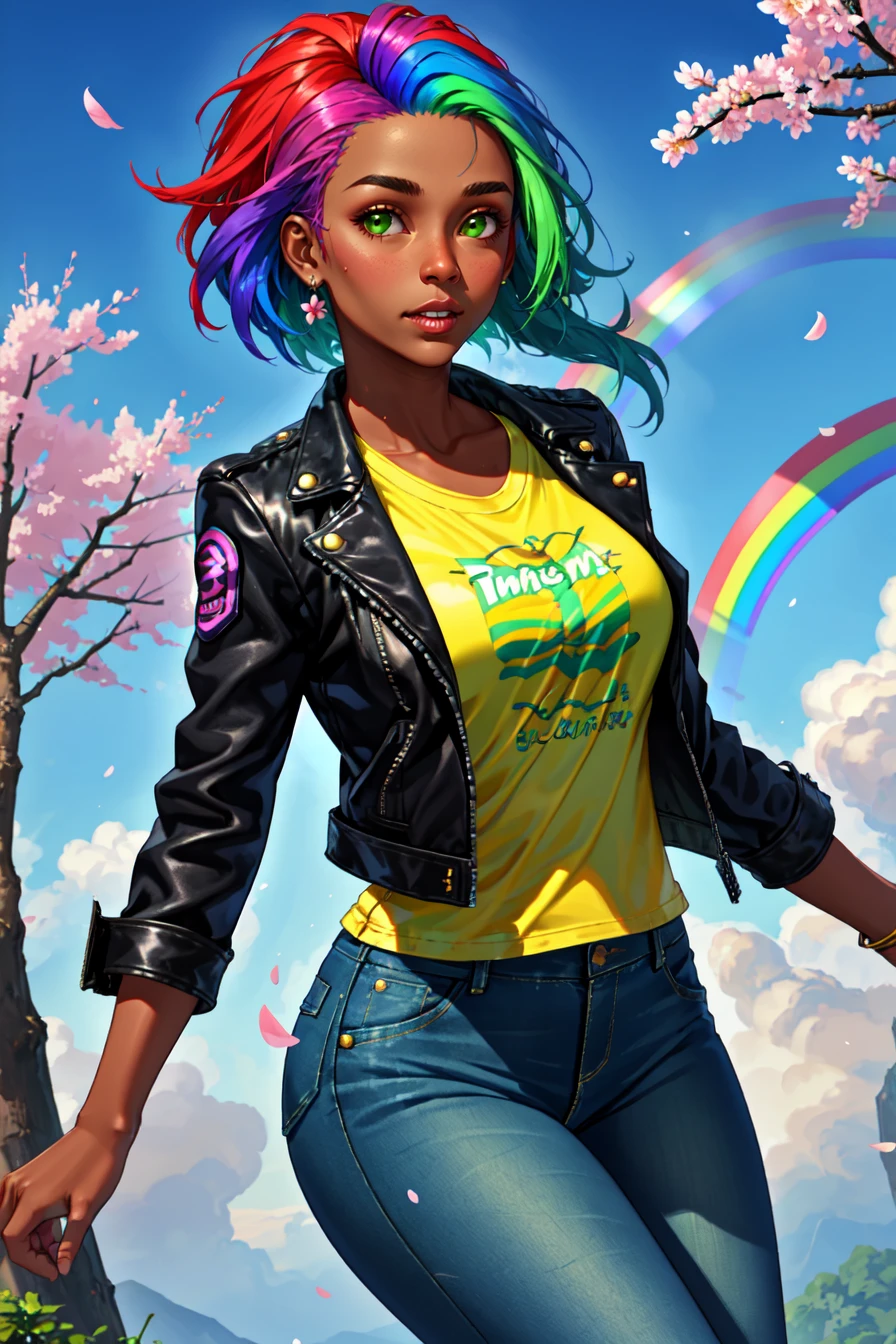 1girl, rainbow hair, solo, dark_skin, tan_skin, green leather jacket, wearing a tshirt, denim jeans, foggy neon futuristic, summer jacket, sakura falling, medium breasts, voluptuous, dynamic angle, looking at viewer,