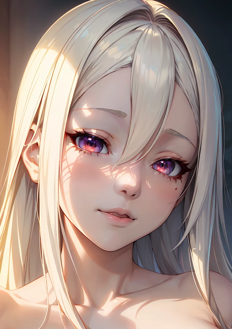 anime style, model shoot style, anime key visual of (very close-up:1.4) illustration of a girl, ((sexy, naked)), (albino girl, long hair, little smile), (beautiful face:1.7, perfect face:1.5),
(best quality:1.5, Madly detailed CG unity 8k wallpaper:1.3, Madly detailed illustration:1.3), (octane render, unreal engine 5),
(trending on artstation, trending on pixiv), (colors, masterpiece:1.3), (ecstasy of light and shadow, deep shadow)