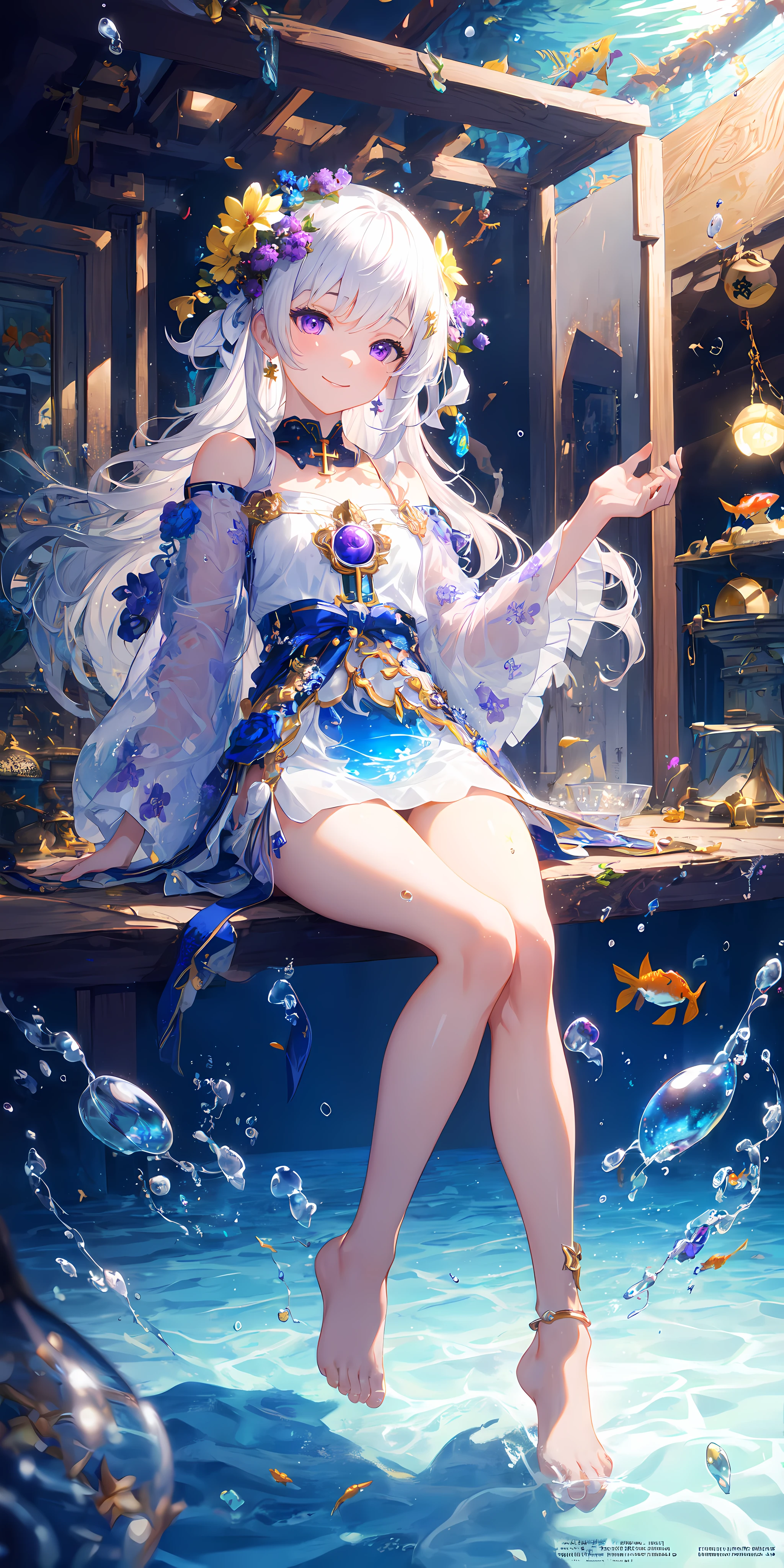 [(Transparent background:1.5)::5],(((masterpiece))),(((best quality))),(((extremely detailed))),illustration, 1girl,solo,mysterious,vivid color,shiny, underwater transparent sealed hemispherical glass dome, (white hair),(purple eyes), full body,barefoot,long hair tranquil nature, koi,Underwater, Dome,close up,Dynamic actions,Lens perspective,(((Box composition))),sit cross-legged and lean against the bookshel, volumetric lighting, multi-color eyes, detailed eyes, hyper detailed,light smile, highly detailed, beautiful, small details, ultra detailed, best quality, intricate, 4k, 8k, trending on artstation, good anatomy, beautiful lighting, award-winning,